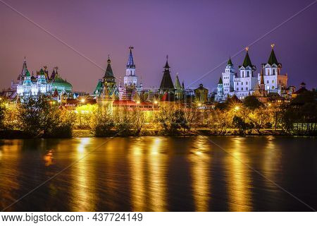 Panorama Izmailovo Kremlin Buildings With Turrets Are Illuminated By Evening Illumination Against Th