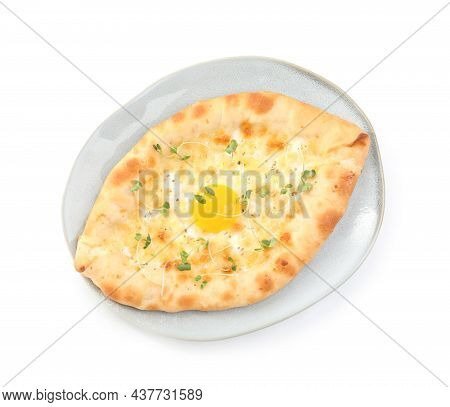 Fresh Delicious Adjarian Khachapuri Isolated On White, Top View