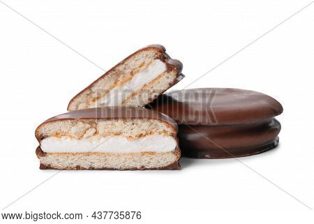Delicious Choco Pies On White Background. Classic Snack Cakes