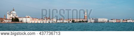 Venice, Panoramic Image Of Central Venice From Lagoon. City Skyline With Punta Della Dogana, Church 