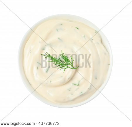 Tasty Creamy Dill Sauce In Bowl Isolated On White, Top View