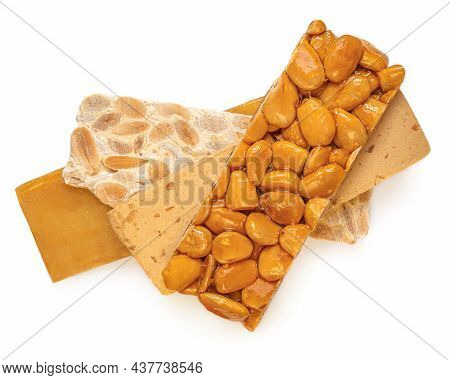 Turron Nougat - Traditional Spanish Almond Dessert Isolated On White Background. Christmas Turron Ca