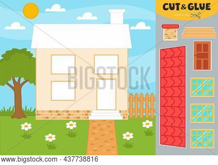 A Game For Children. Puzzle. Cut And Paste Colored Parts Of The House: Door, Windows, Roof, Chimney.