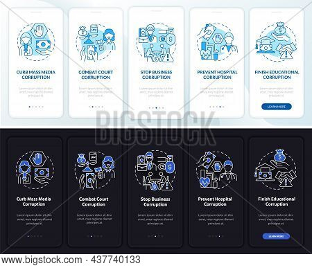 Corruption Typese Onboarding Mobile App Page Screen. Fighting Bribery Walkthrough 5 Steps Graphic In