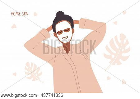 Happy African American Woman In Relaxing Pose Wearing Bathrobe. Hand Drawn Beautiful Woman With Cosm