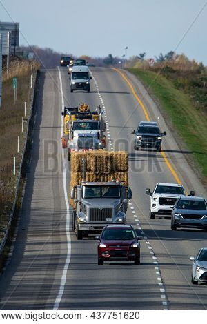 Truck Transport On The Highway, Magog, Québec, Canada, October 27 2021