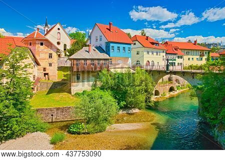View Of The Capuchin Bridge Over The Selška Sora River In The Old City Center Of Škofja Loka, Slove