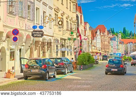 Steyr - June 2020, Austria: View Of The Main Street With Beautiful Colorful Buildings In The Traditi