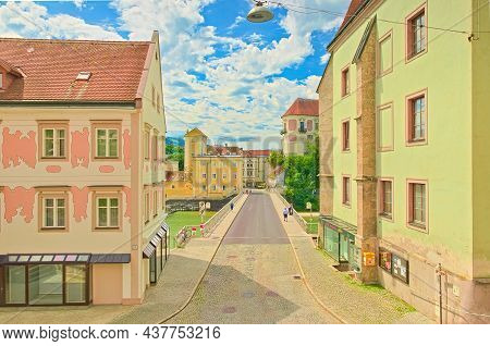 Steyr - July 2020, Austria: View Of The Steyr Bridge (zwischenbrücken) From The St. Michael's Church