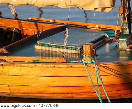Details Of A Sailboat. A Sailboat With A Hull Made Of The Finest Machined Wood.