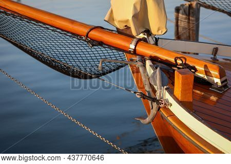 Details Of A Sailboat. A Sailboat With A Hull Made Of The Finest Machined Wood.