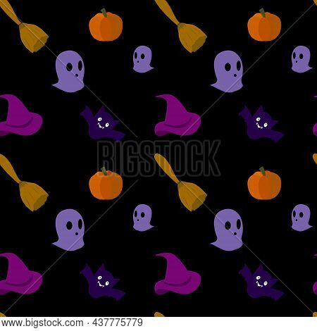 Seamless Pattern With Fun Elementl. Flat Image. Halloween Decor. Wrapping Paper.