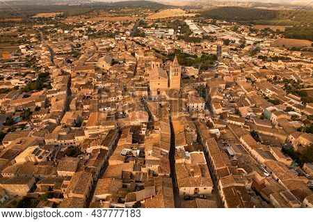 Drove View Of Aged Houses With Tiled Roofs Located On Streets Of Small Settlement In Mallorca