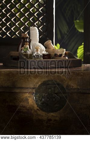 View Of Spa Theme Objects On Color  Tropic Palm Leafs Back