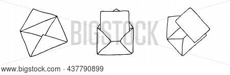 Mail Icons Collection, Open Envelopes, Email Symbol. Sketch Letter Set. Hand Drawn Doodle Cartoon St
