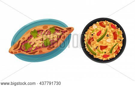 Turkish National Food With Pide Pizza And Pilaf With Vegetables Above View Vector Set