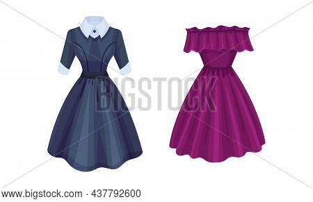 Dress Or Frock As Woman Garment With Skirt And Bodice Vector Set