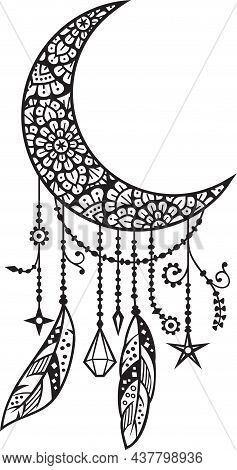 Mandala Moon With Feathers (boho Style) Vector Illustration