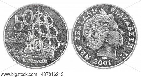 Old 50 New Zealand Cents Coin Isolated On White Background, Save Clipping Path.