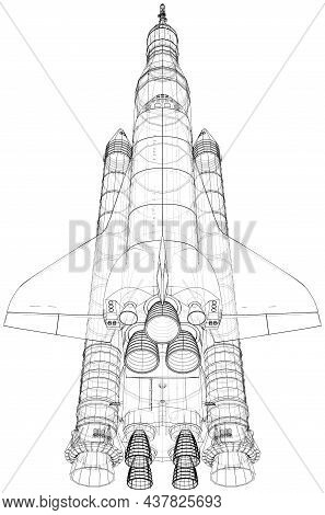 Rocket Carrying Space Shuttle. Vector Rendering Of 3d. Wire-frame Style. Elements Of This Image Furn