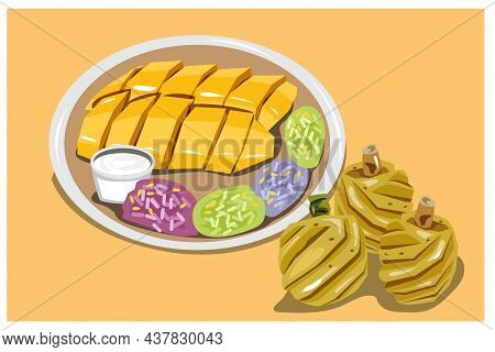 Illustration: Sticky Rice With Mango And Pineapple, Suitable For Working On The Menu. Food Poster Ot