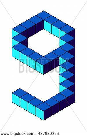 Blue Number 9 From Cubes Isolated On White Background. Pixel, 8 Bit, Isometric Style. Vector Illustr