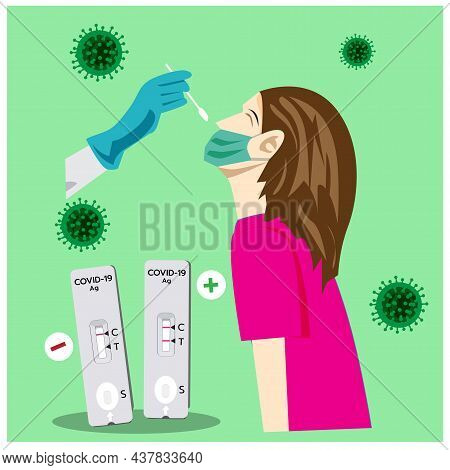 Illustration Of Swab Testing For Covid-19 On A Green Background, Doctor Nurse People Can Use For Exa