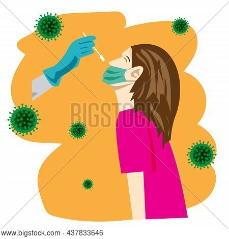 Illustration Of Swab Testing For Covid-19 On A Green Background, Doctor Nurse People Can Use For Exa