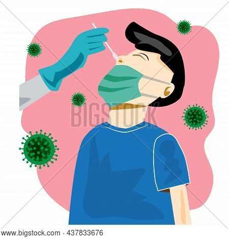 Illustration Of Swab Testing For Covid-19 On A Green Background, Doctor Nurse People Can Use For Exa