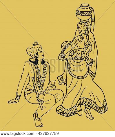 Drawing Or Sketch Of Lord Krishna And Radha Editable Outline Illustration