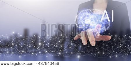 Artificial Intelligence Ai . Hand Touch Digital Screen Hologram Artificial Intelligence Brain Sign O