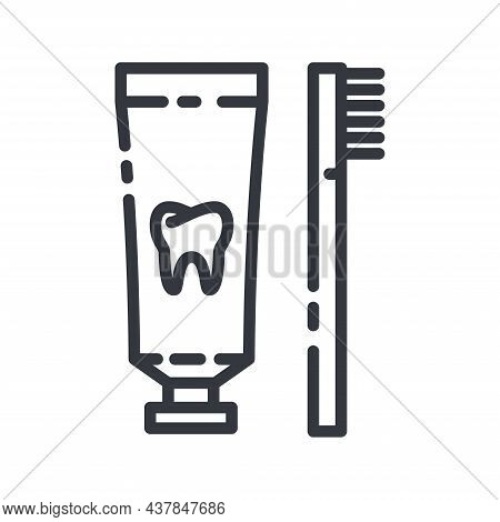 Line Icon Of A Dental Care. Tooth Paste And Thooth Brush Symbol Isolated On Transparent Background.