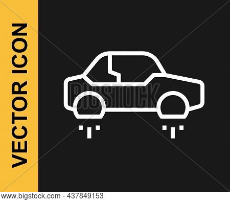 White Line Fantastic Flying Car Icon Isolated On Black Background. Hover Car Future Technology Futur