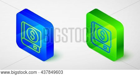 Isometric Line Financial Book Icon Isolated Grey Background. Blue And Green Square Button. Vector