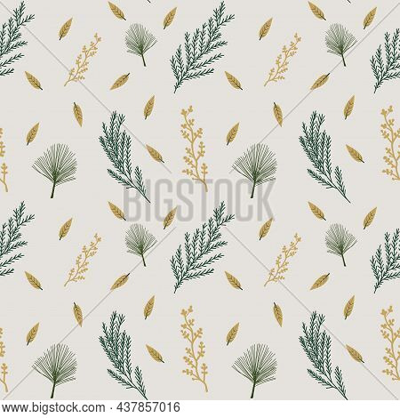 Plant Seamless Vector Pattern In Christmas Boho Colors With Pine And Twigs. Surface Design For Web A