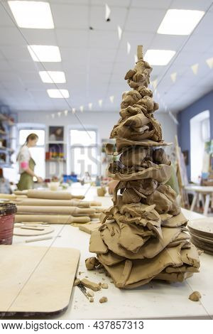 Belarus, The City Of Gomil, January 14, 2021.a Large Piece Of Clay On The Background Of The Workshop