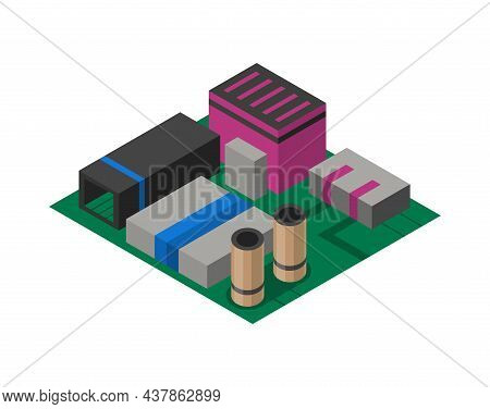 Isometric Circuit Board With Electronic Components. Computer Chip Technology Processor Circuit And C