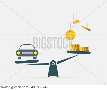 Car And Money On Scales Icon.. Scales With Car And Money Coin In Flat Style. Buying Car Concept In M
