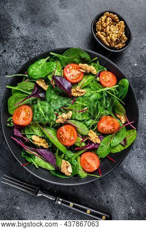 Vegetarian Salad With Mix Leaves Mangold, Swiss Chard, Spinach, Arugula And Nuts In A Salad Bowl. Bl