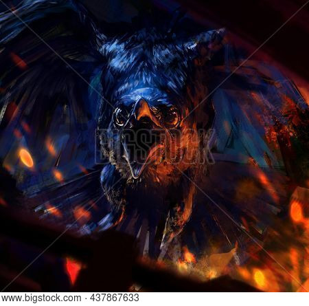A Large Blue-and-black Raven Bird Taking Off. Bitmap Image.lovely Flying Bird
