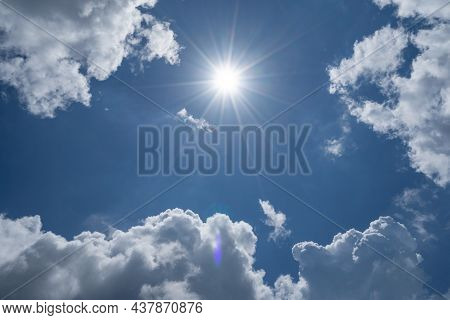 Shining Sun On Clear Blue Sky With Lens Flare Of Sunlight On Sky Background Bright Sun On Blue Sky W