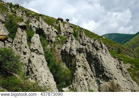 Stone Mushrooms Rocks In Altai Mountains Near River Chulyshman. Siberia, Russia