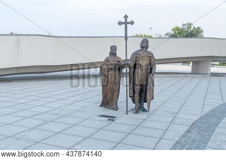 Torun, Poland - July 26, 2021: Monument To Mieszko I And Dobrawa At Sanctuary Of The Blessed Virgin 