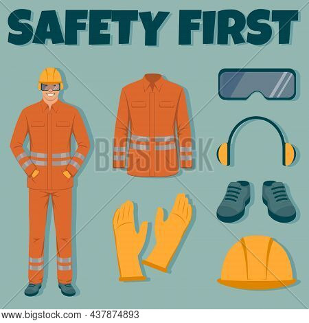 Work Safety Equipment. Engineer Wearing Helmet, Gloves, Protective Glasses, Clothing And Boots. Vect