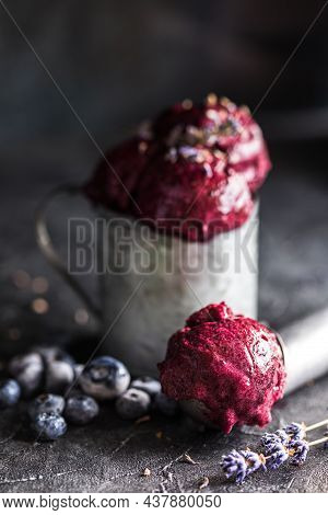 Icecream Made Of Frozen Banana And Blueberry. Vegan Gelato. Tasty Vegetarion Concept. Ice Cream Scoo