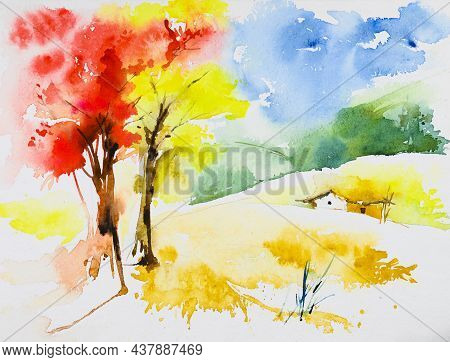 Nice Watercolor Painting Of Spring, Krishnachura Tree Red Flowers And Radhachura With Bright Yellow 