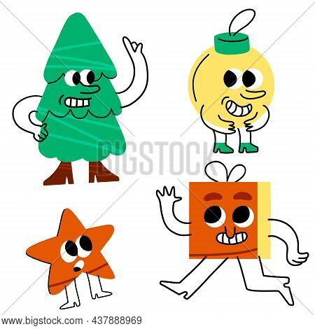 Set Of Christmas Characters. Christmas Tree With Face, Cheerful Gift, Cute Star With Hand And Garlan