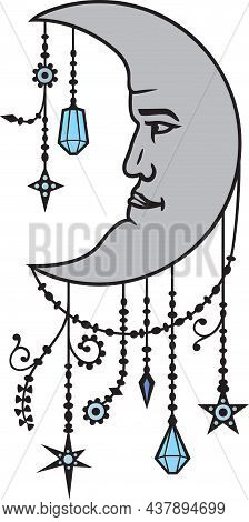 Moon Or Crescent In Boho Style. Vector Illustration.