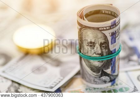 Golden Bitcoin Lies On The Banknotes.new Virtual Money. Crypto Currency Top View. Real Coins Of Bitc