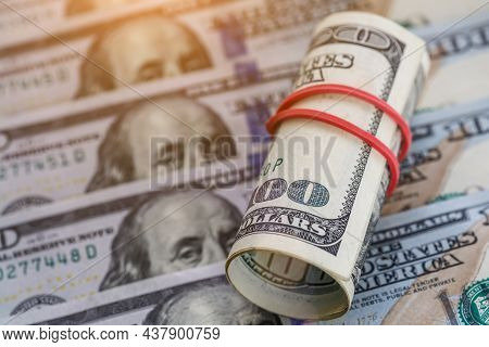 Money American Hundred Dollar Bills.closeup Of Assorted American Banknotes.us Currency Scattered On 